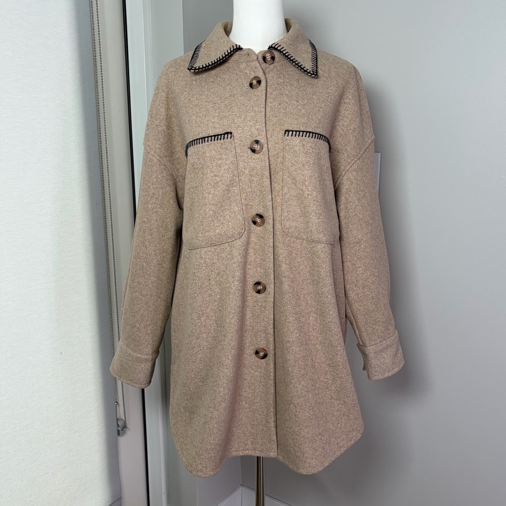 Zara Beige Contrast Stitch Oversized Button Up Shirt Shacket Farmhouse Layering